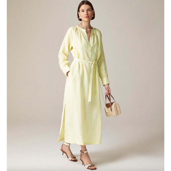 J.Crew Cabana Dress Linen Midi Long Sleeve Pale Flax Yellow Belted Small NWT - Picture 1 of 15